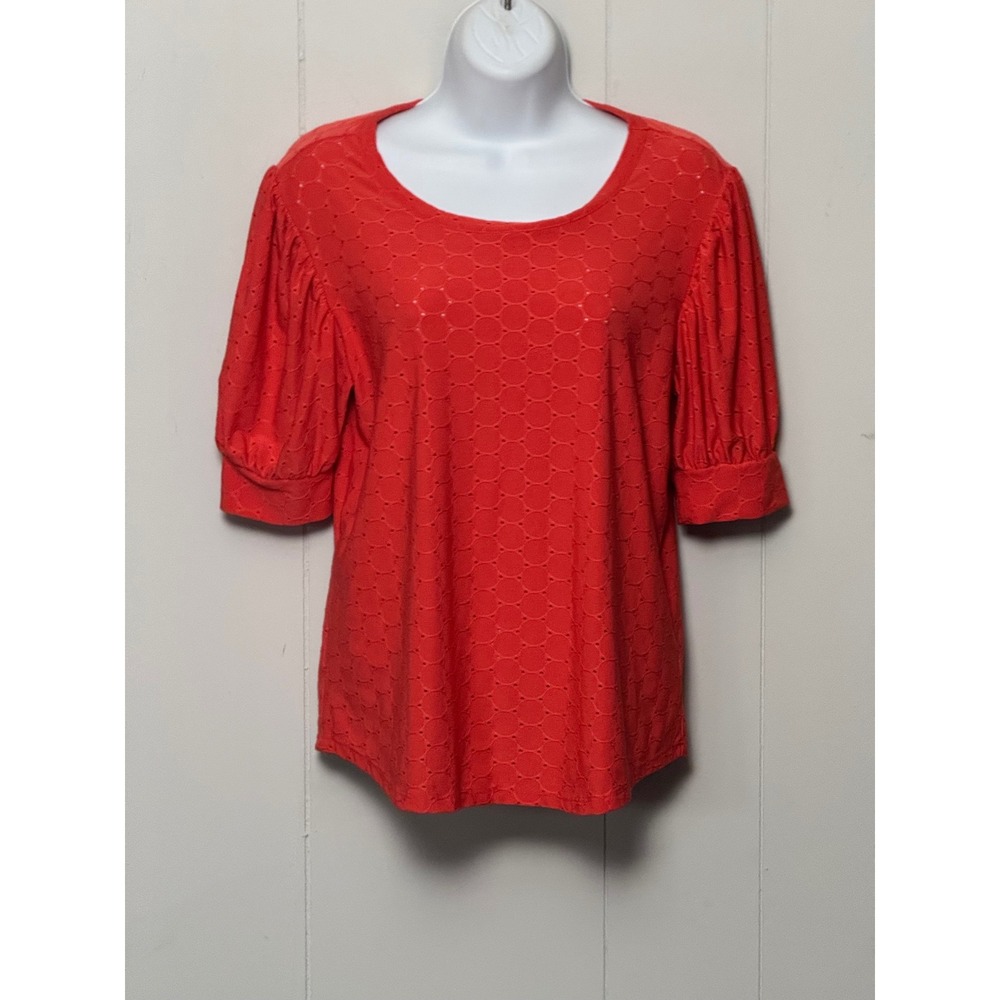 Kim & Cami Los Angeles Women's Coral Orange Eyelet Puff Sleeve Top Size Small